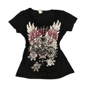 Ride On Y2K McBling Black Rhinestone Biker Graphic Tee Medium
